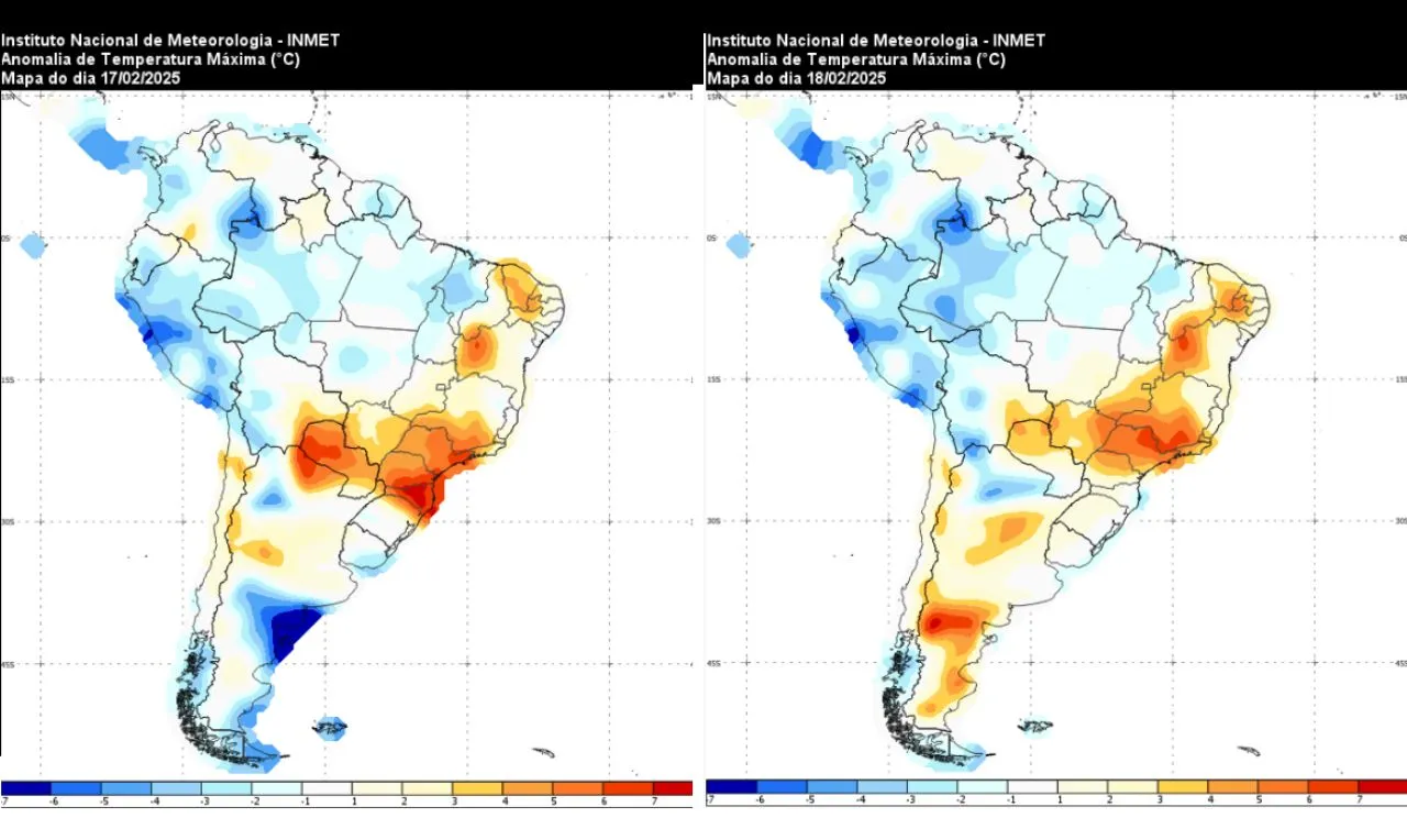 A imagem mostras as áreas que podem ter temperaturas altas entre os dias 17 a 20 de fevereiro